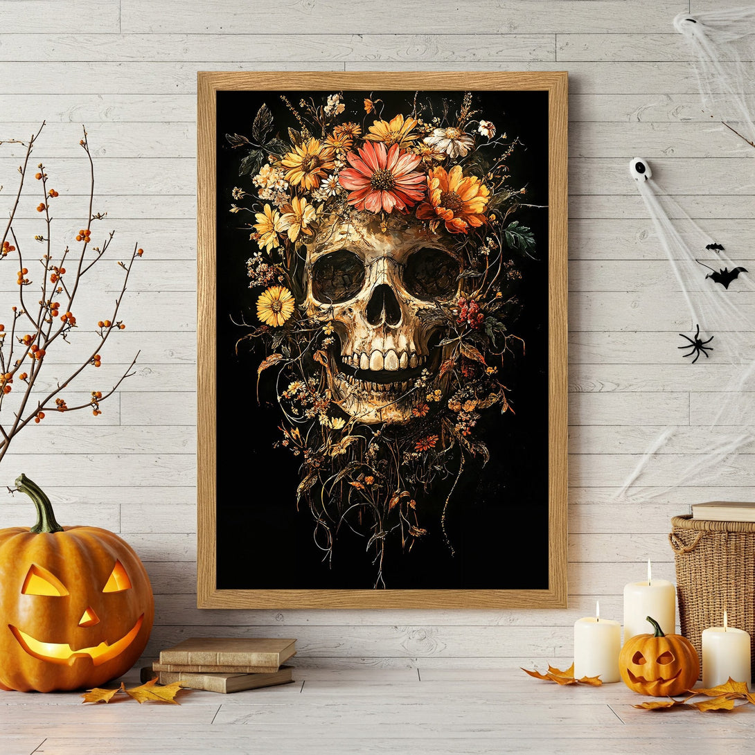 Framed Poster featuring a skull with floral crown in a dark, gothic style. Warm color palette with orange, yellow, and black accents. Perfect Halloween decor.