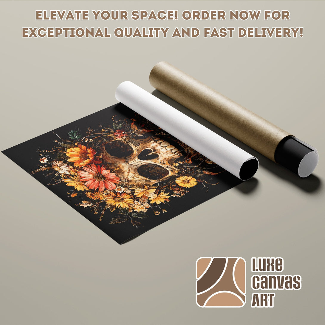 Skull art poster roll, dark floral design with warm tones. Elevate your space with Luxe Canvas Art!