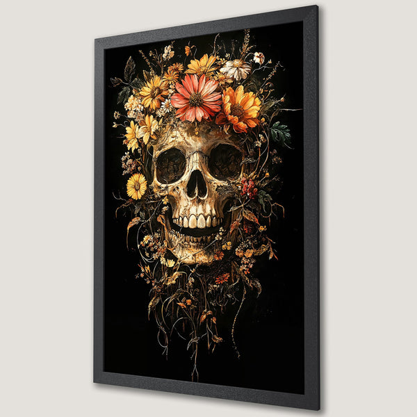 Framed Poster featuring a skull with floral crown, dark & moody art style, gold & black color palette. Perfect wall art!