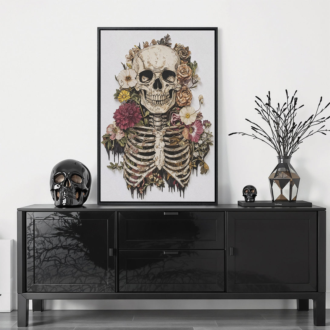 Framed Wall Art: Gothic skull with floral accents. Dark, moody color palette. Perfect for adding unique style to your home decor.