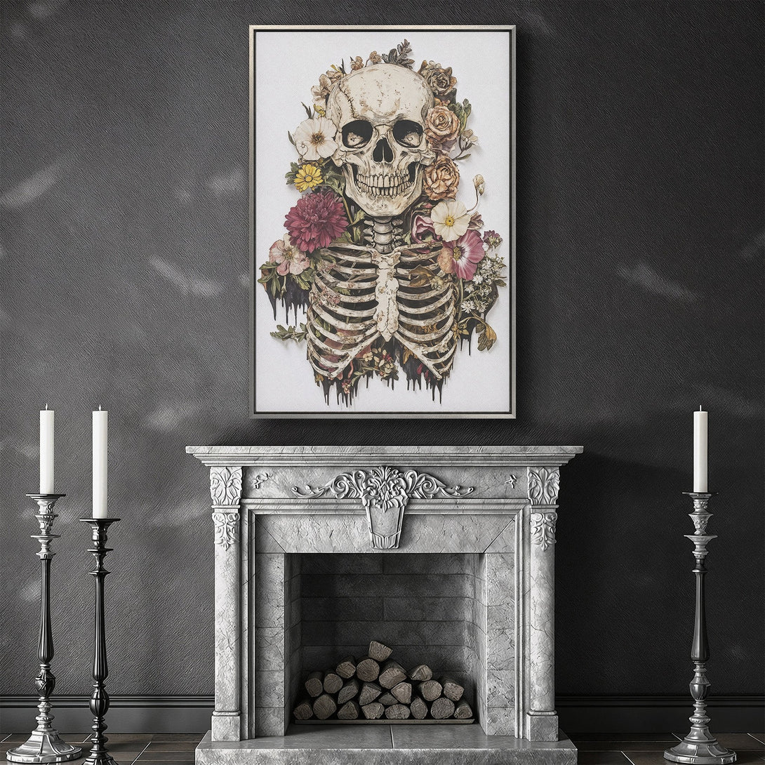 Framed Wall Art: Floral skull canvas print in a gothic interior. Features a dark, moody color palette with pops of floral hues. Perfect for unique home decor.