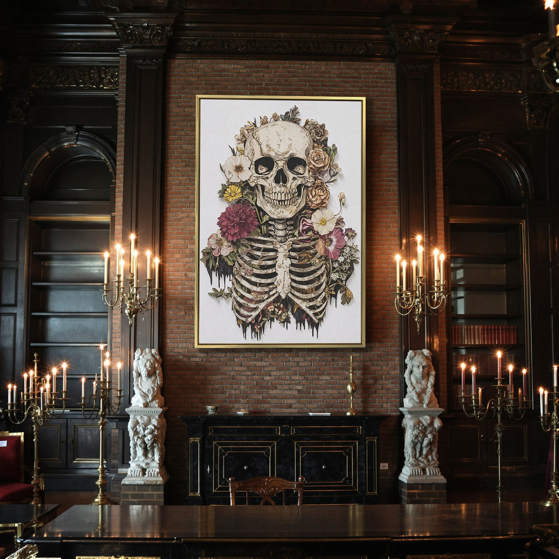 Canvas Print featuring a floral skull, gothic style, with a muted color palette. Perfect for Halloween decor and unique wall art.