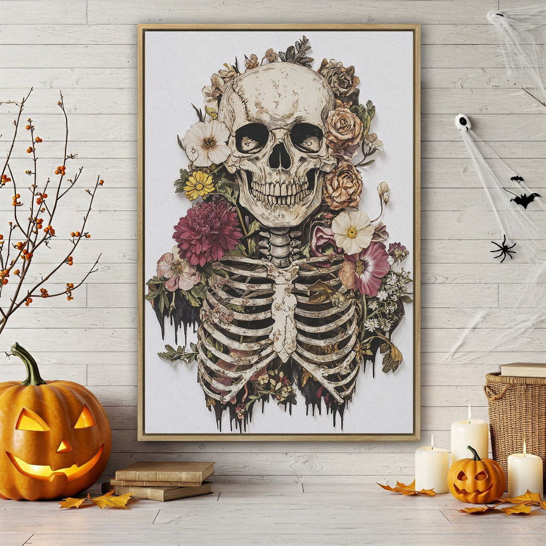 Framed Wall Art: Spooky floral skull canvas print in neutral tones. Perfect Halloween decor! Add a touch of gothic elegance to your space.