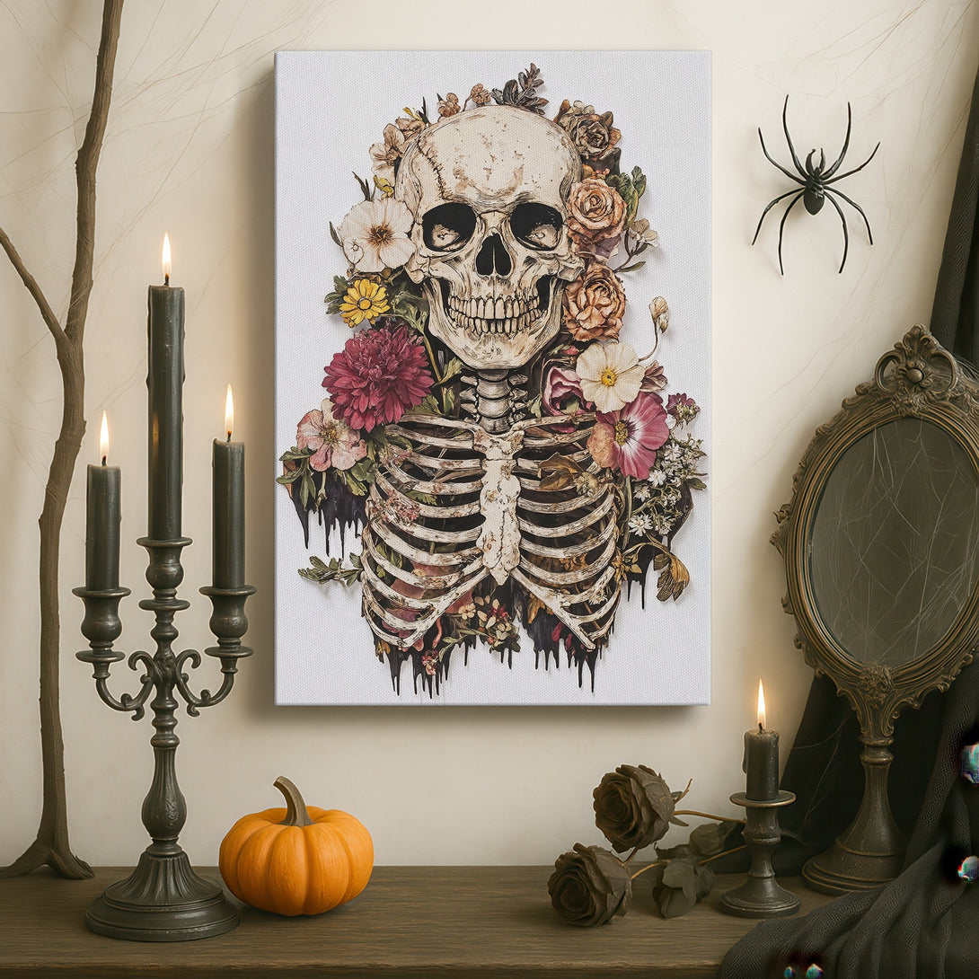Framed Wall Art: Floral skull canvas print in a gothic interior. Dark, moody color palette with gold frame. Perfect for unique home decor.