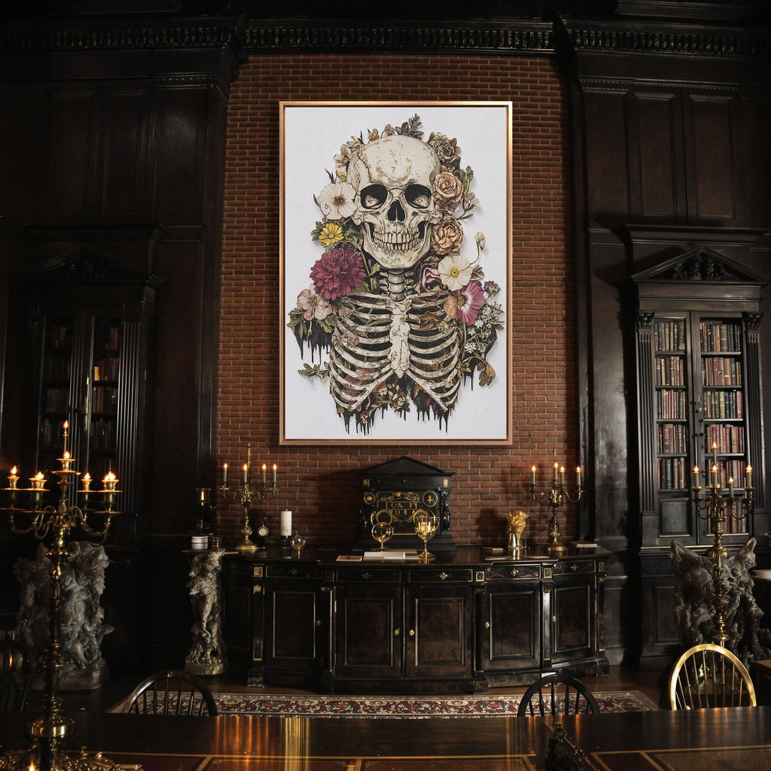 Framed Wall Art: Skull & floral design in a gothic interior. Dark, moody color palette with hints of red and gold. Perfect for unique home decor.