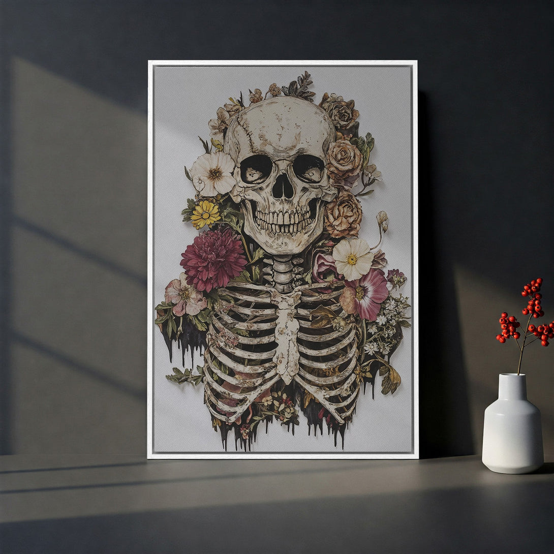 Framed Wall Art: Skull and floral canvas print in neutral tones. Gothic-inspired artwork with a unique, vintage style. Perfect for modern home decor.