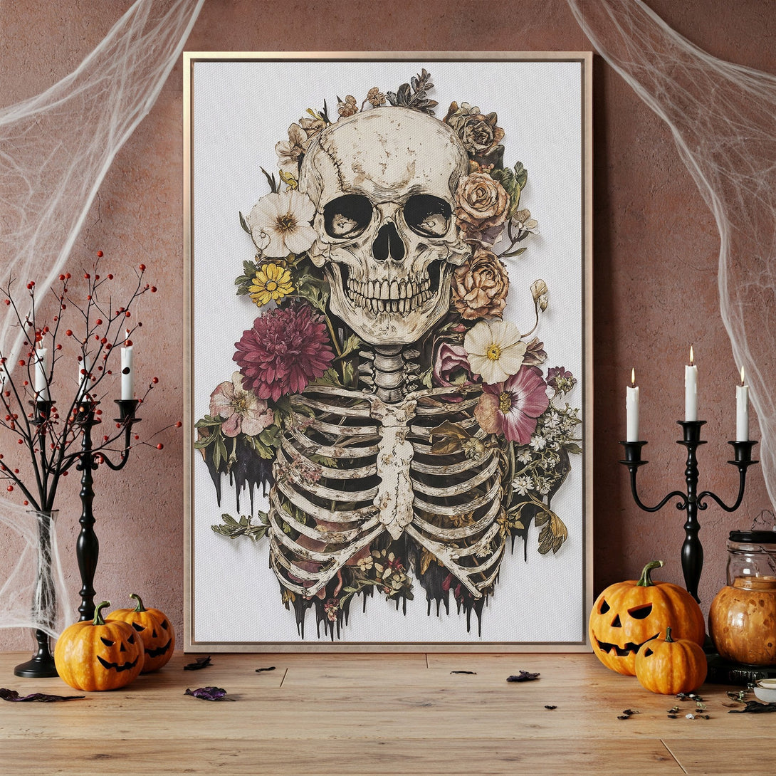 Framed Wall Art: Spooky floral skull canvas print. Gothic style with a warm, earthy color palette. Perfect Halloween decor!