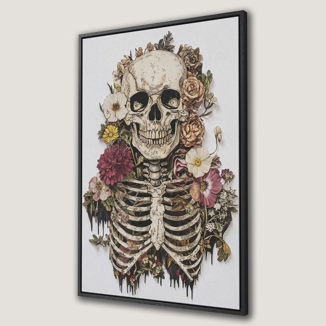 Framed Wall Art: Gothic skull with floral accents. Dark, moody color palette with beige, burgundy, and green tones. Unique canvas print for a statement wall.