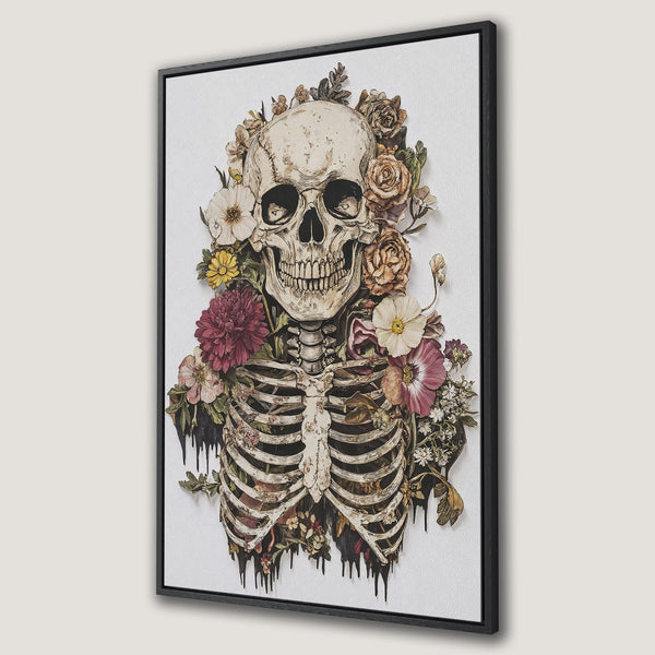 Framed Wall Art: Gothic skull with floral accents. Dark, moody color palette with beige, burgundy, and green tones. Unique canvas print for a statement wall.