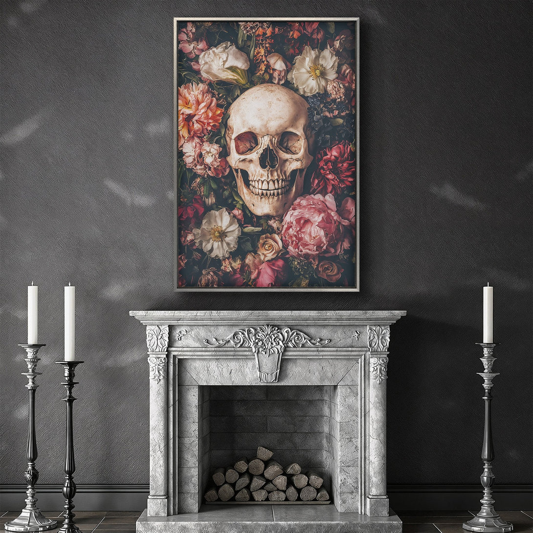 Framed Wall Art: Skull & floral Canvas Print in dark, moody style. Features a skull surrounded by flowers in a warm, rich color palette perfect for gothic decor.