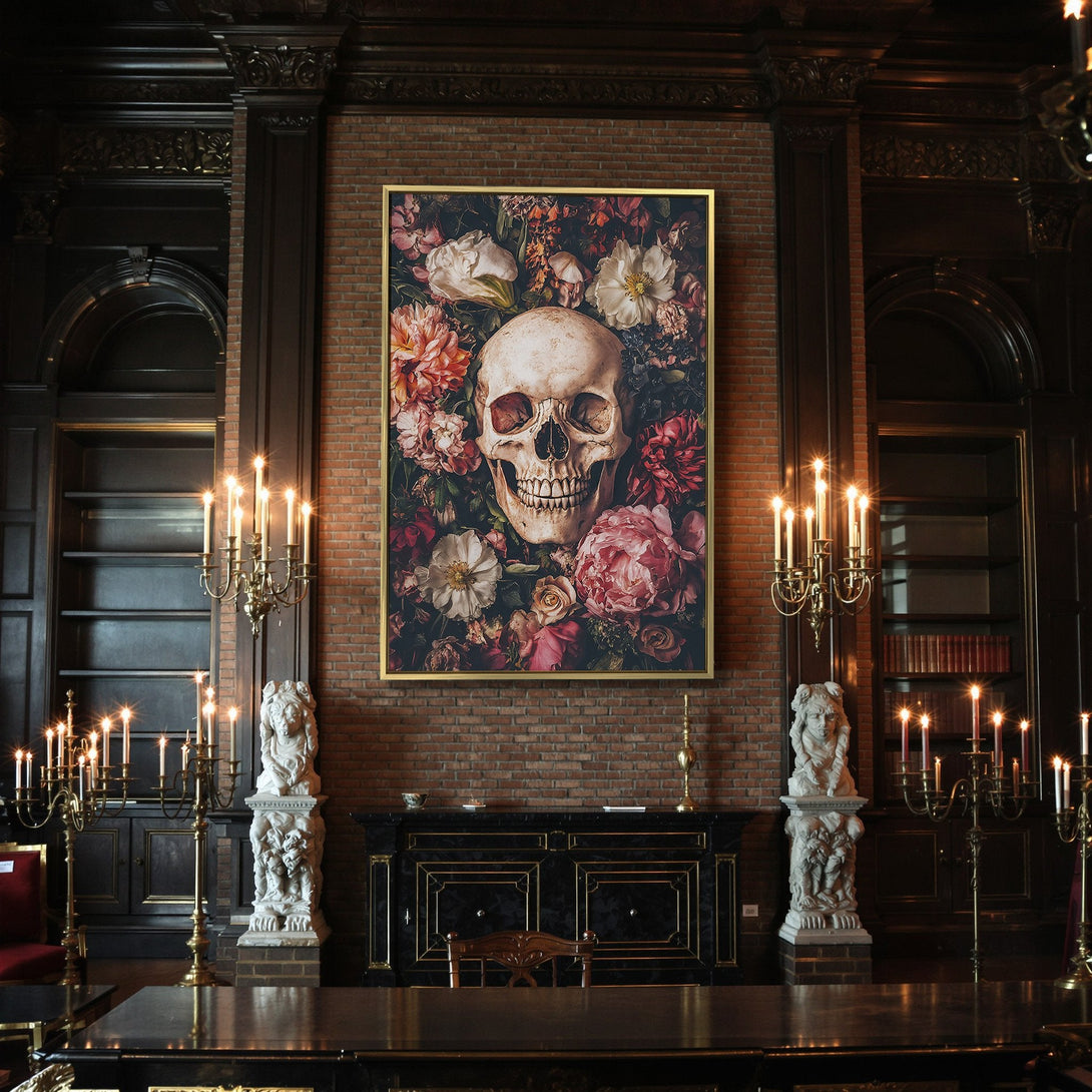 Canvas Print featuring a skull and floral arrangement in a dark, gothic style with a moody red and pink color palette. Perfect Halloween decor!