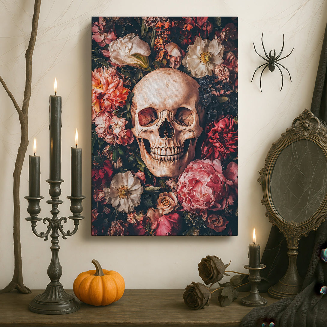 Framed Wall Art: Skull and floral Canvas Print in a gothic interior. Dark, moody color palette with red, pink, and black. Perfect for unique home decor.