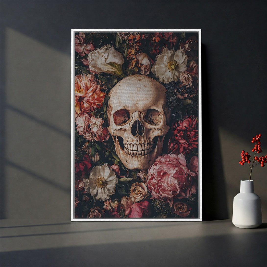 Framed Wall Art: Skull & floral Canvas Print in moody, vintage style. Featuring a dark, romantic color palette with reds, pinks, and cream tones. Perfect for unique home decor.
