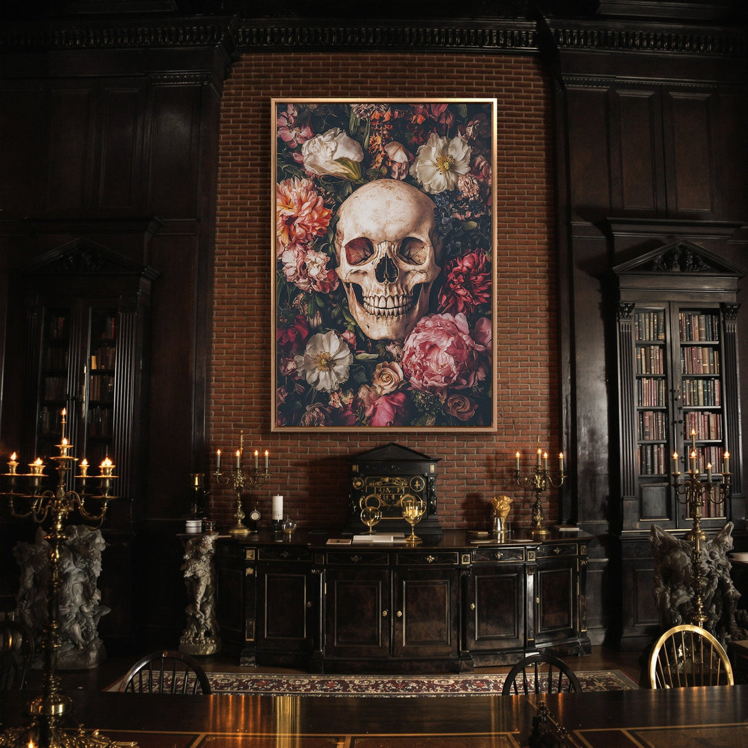 Framed Wall Art: Gothic skull and floral Canvas Print in a dark interior. Moody, romantic style with a rich, dark color palette. Perfect for unique home decor.