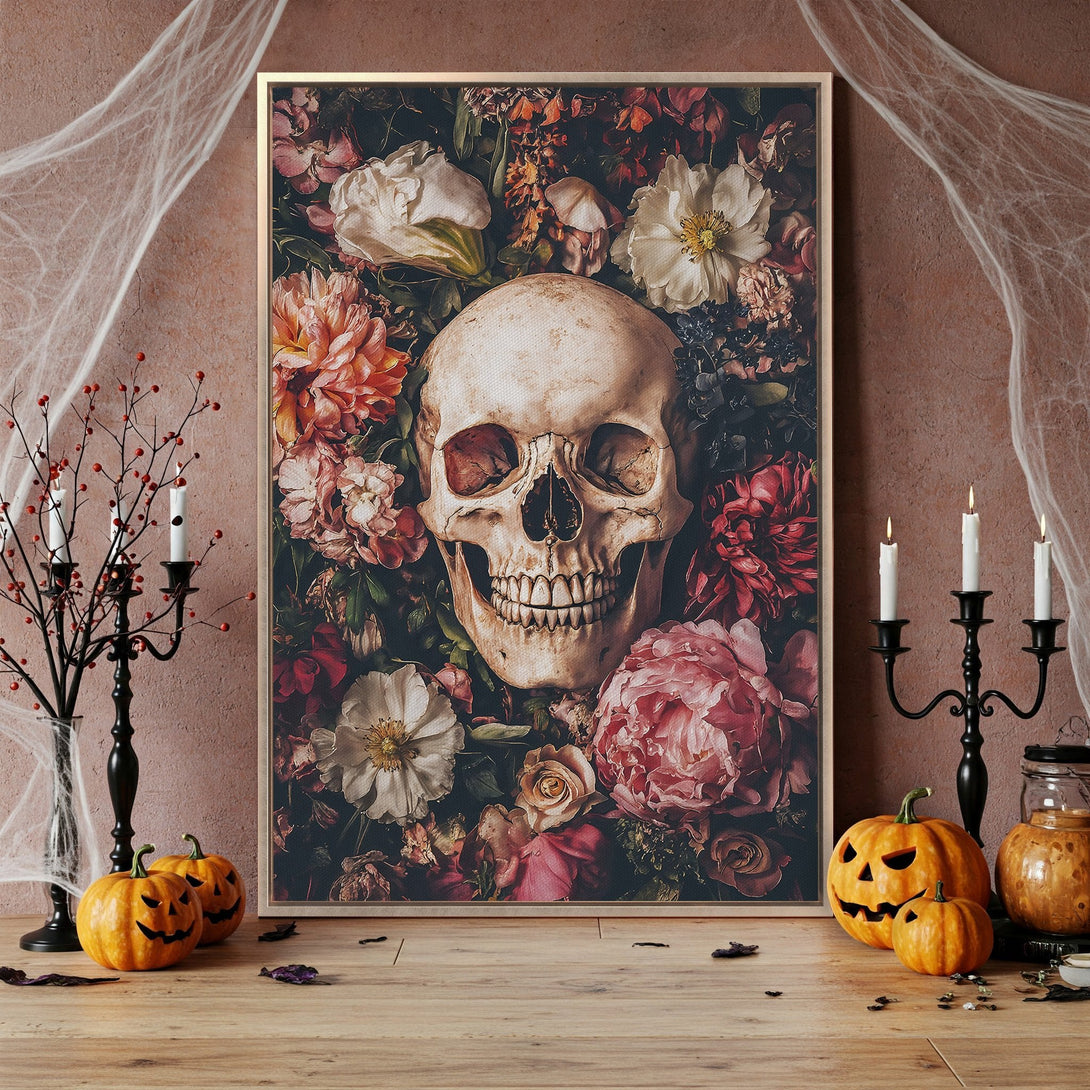 Framed Wall Art featuring a skull and floral arrangement in a vintage style, with a dark, moody color palette. Perfect Halloween decor!