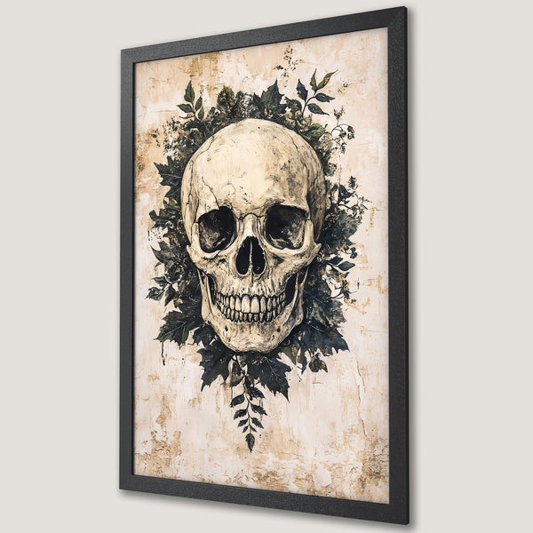 Framed Poster featuring a skull surrounded by foliage, vintage style, neutral and dark green color palette. Perfect wall art!