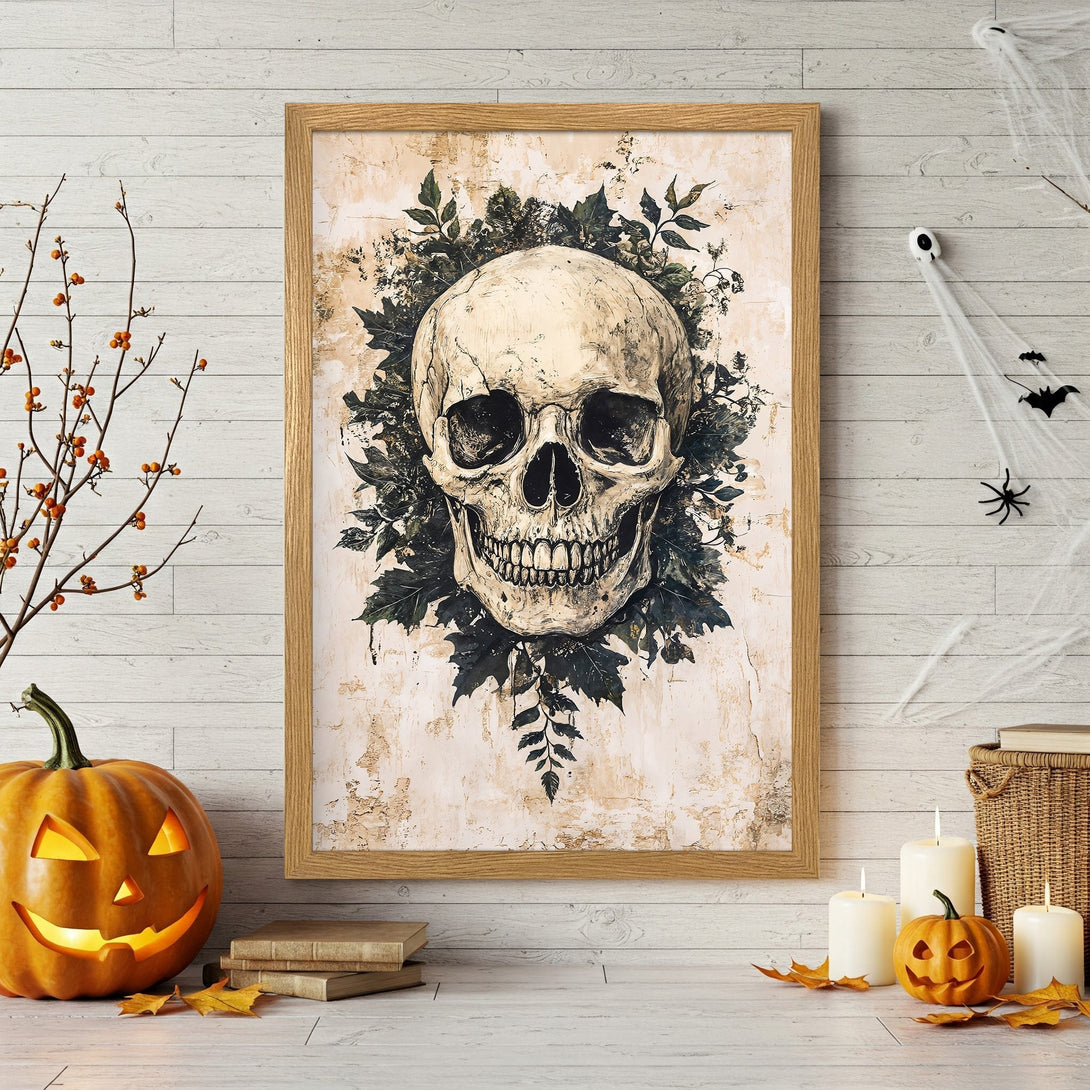 Framed Poster featuring a detailed skull illustration with dark green foliage, perfect for Halloween decor. Neutral color palette.