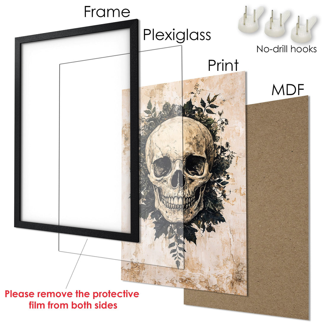 Framed Poster featuring a skull artwork in vintage style with a neutral color palette. Perfect gothic home decor.