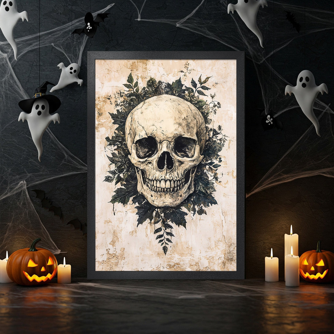 Framed Poster featuring a skull illustration in a vintage style with a neutral and black color palette, perfect for Halloween decor.
