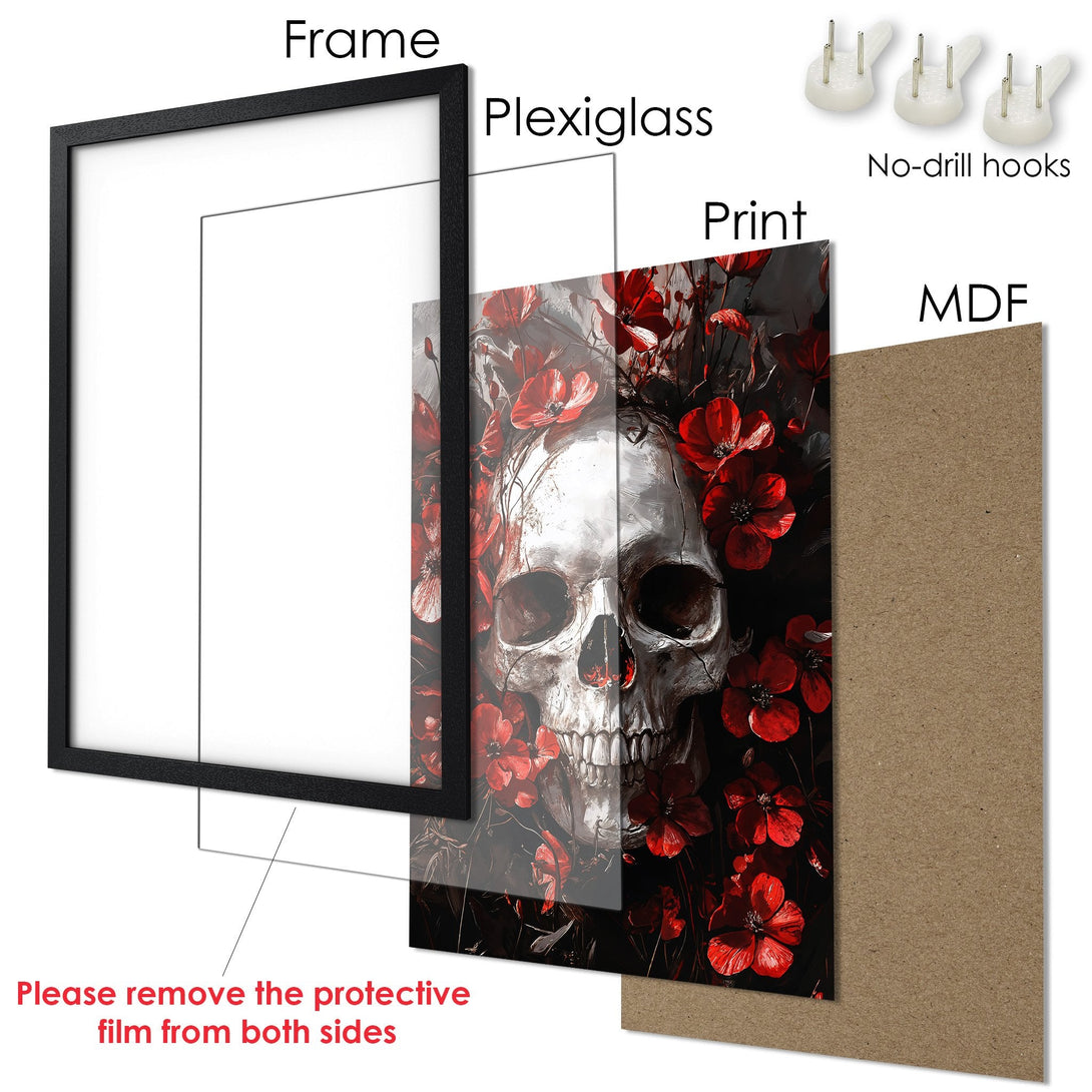 Framed Poster featuring a skull and red flowers. Dark, gothic style with a red and black color palette. Perfect wall art!