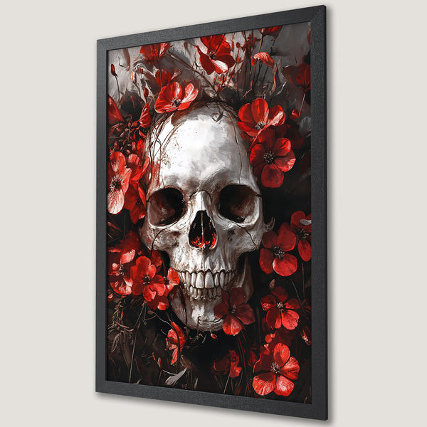 Framed Poster featuring a skull surrounded by red flowers, dark and dramatic style, red, black, and white color palette.