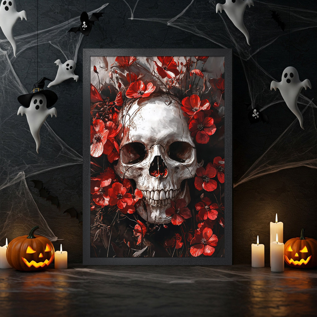 Framed Poster featuring a skull with red flowers, dark art style, and a moody red and black color palette. Perfect Halloween decor.