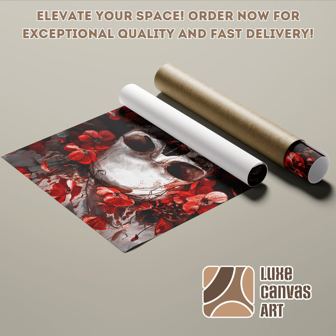 Poster Roll featuring a skull and red flowers, artistic style, red and gray palette. Elevate your space!