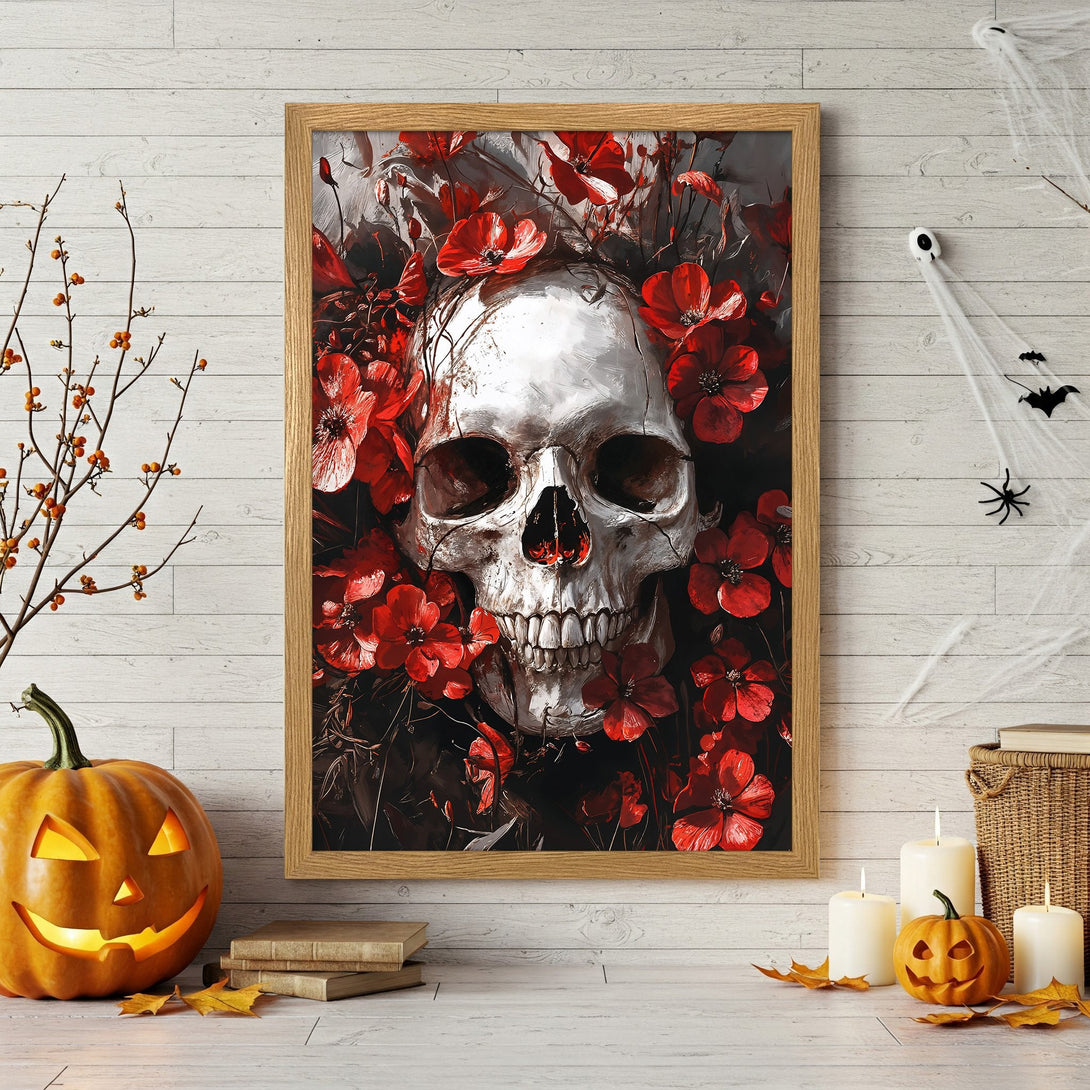 Framed Poster featuring a skull and red flowers, dark and artistic style, Halloween decor, with red and neutral tones.