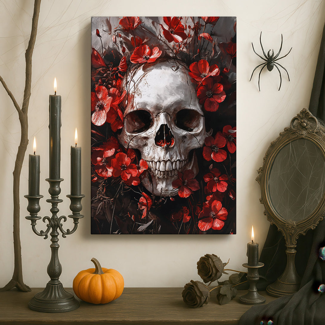 Framed Wall Art: Gothic skull with red flowers. Dramatic canvas print in a dark, moody interior. Perfect for adding a touch of edgy style.