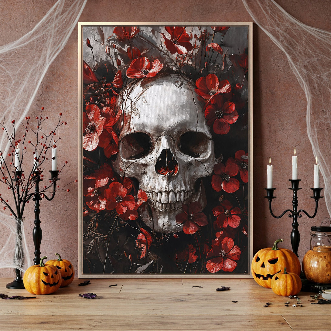 Framed Wall Art: Spooky skull art with red flowers. Gothic style canvas print in a dark, moody color palette. Perfect Halloween decor.