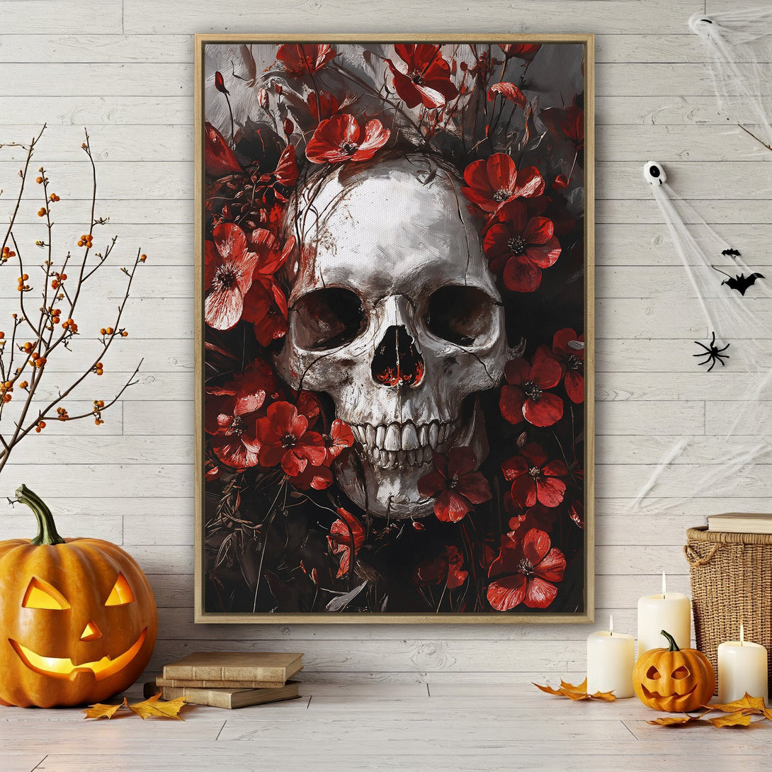 Framed Wall Art: Skull and red flowers canvas print. Dark, moody art with a striking red and black color palette, perfect for Halloween decor.