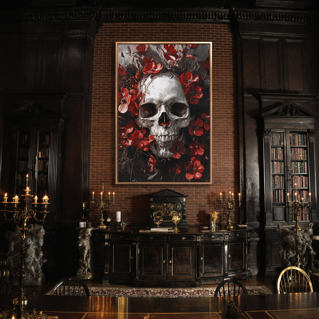Framed Wall Art featuring a skull and red flowers, gothic style. Dark, moody interior with a dramatic color palette. Perfect for a unique home decor statement.