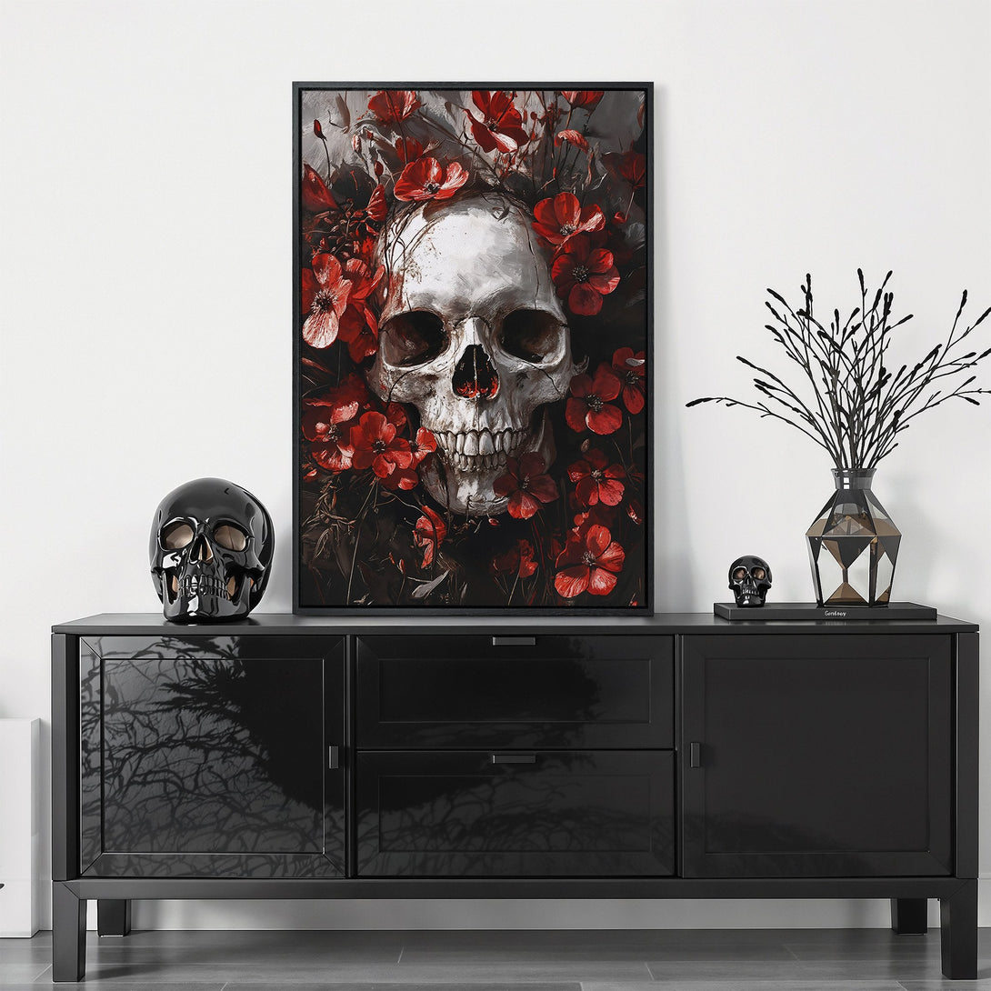 Framed Wall Art featuring a skull with red flowers, dark and moody aesthetic. Perfect for adding a touch of gothic style to your home decor.
