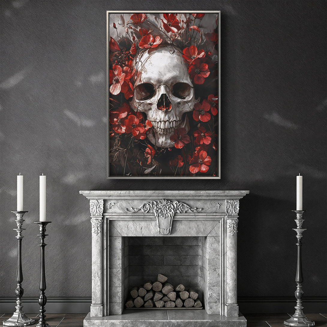 Framed Wall Art: Gothic skull with red floral accents. Dark, moody aesthetic with a striking red and black color palette. Perfect for a unique home decor statement.