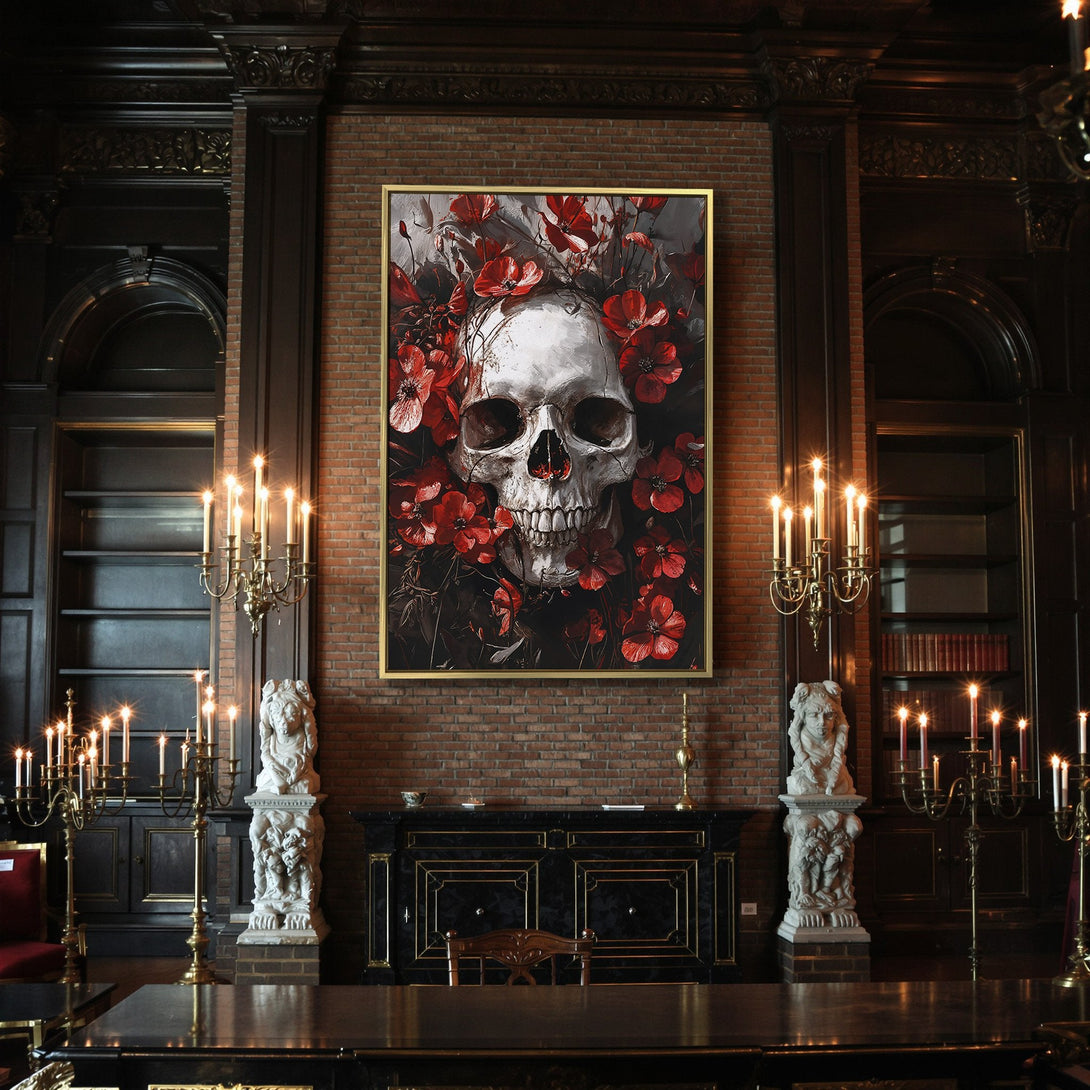 Canvas Print: Skull art with red flowers. Gothic style wall decor in a dark, moody palette. Perfect Halloween or alternative home accent.