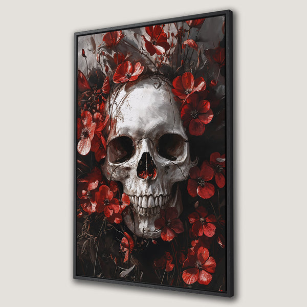 Framed Wall Art: Gothic skull art with red flowers. Dark, moody canvas print featuring a skull and floral design in a red, black, and gray color palette.