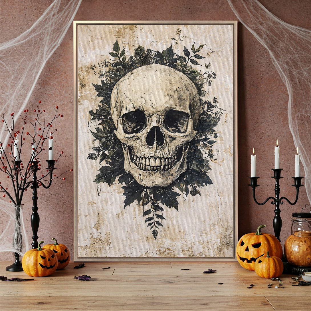 Framed Wall Art featuring a vintage skull design. Perfect for Halloween decor! Earthy tones and spooky style. Add a touch of the macabre to your home.