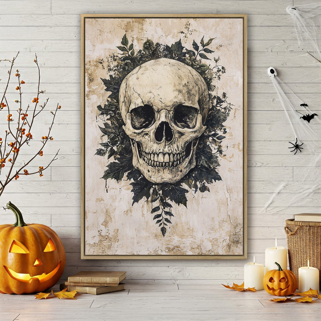 Framed Wall Art: Spooky skull art print with botanical accents. Neutral color palette. Perfect Halloween decor for a unique, gothic touch.