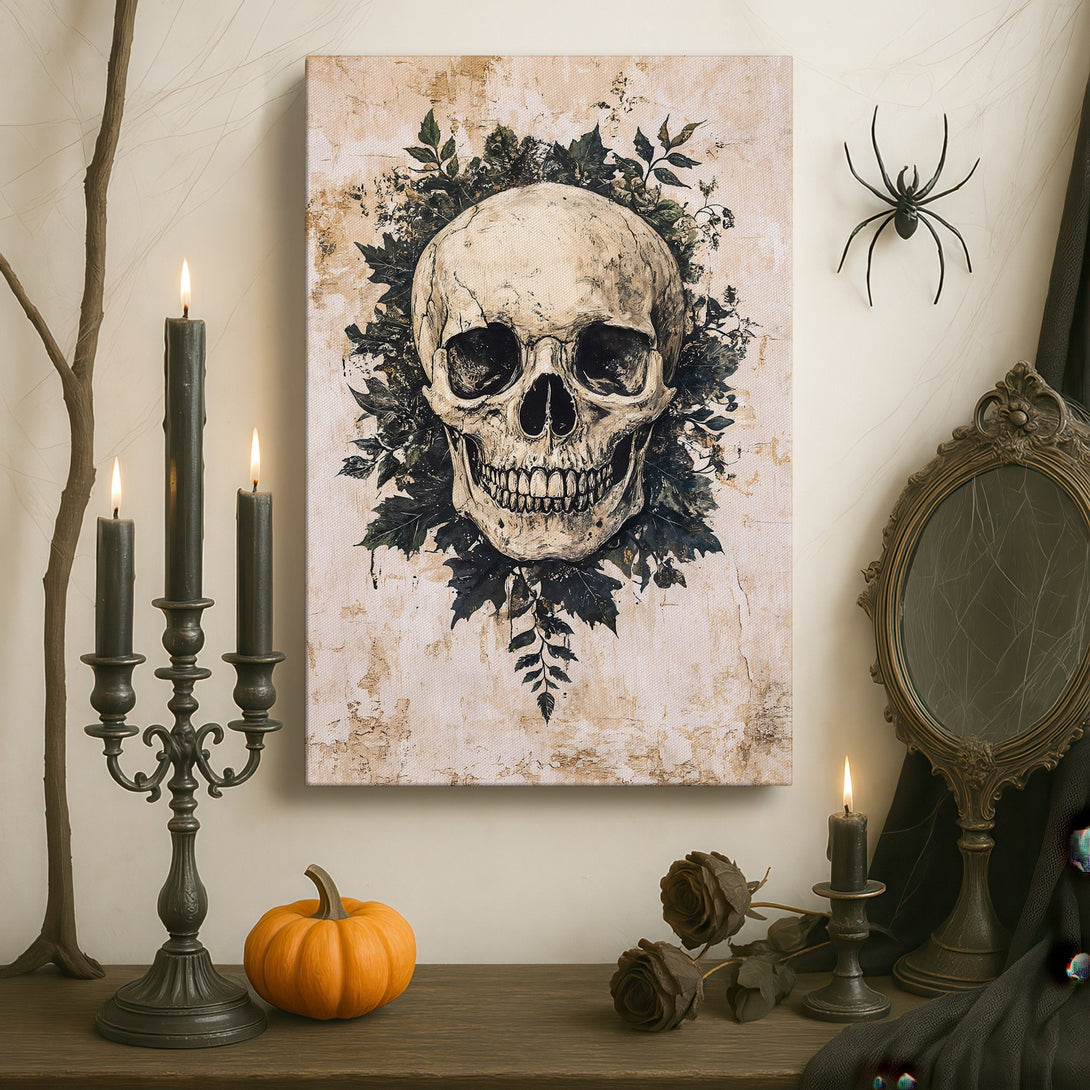 Framed Wall Art: Gothic skull print in a dark, moody interior. Features a skull with floral accents, neutral tones, and a gold frame. Perfect for a statement piece.