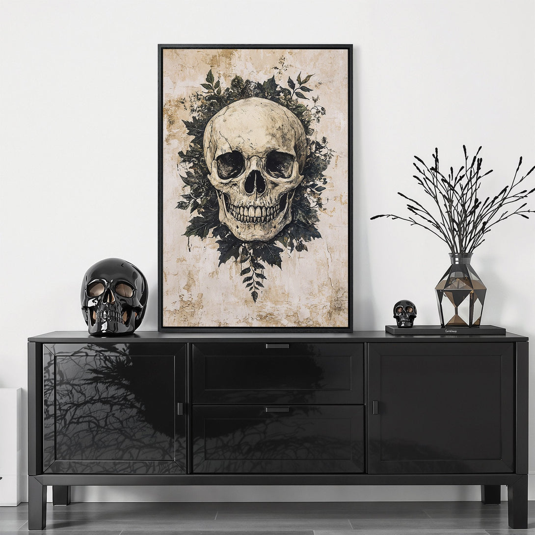 Framed Wall Art featuring a skull with botanical accents. Gothic style with a neutral, earthy color palette. Perfect for adding a unique touch to your home decor.