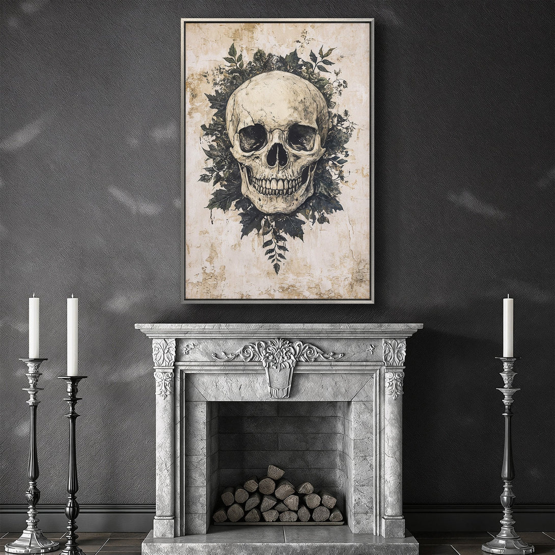 Framed Wall Art featuring a skull with floral accents. Gothic style canvas print in neutral tones. Perfect for adding a touch of dark elegance to any room.