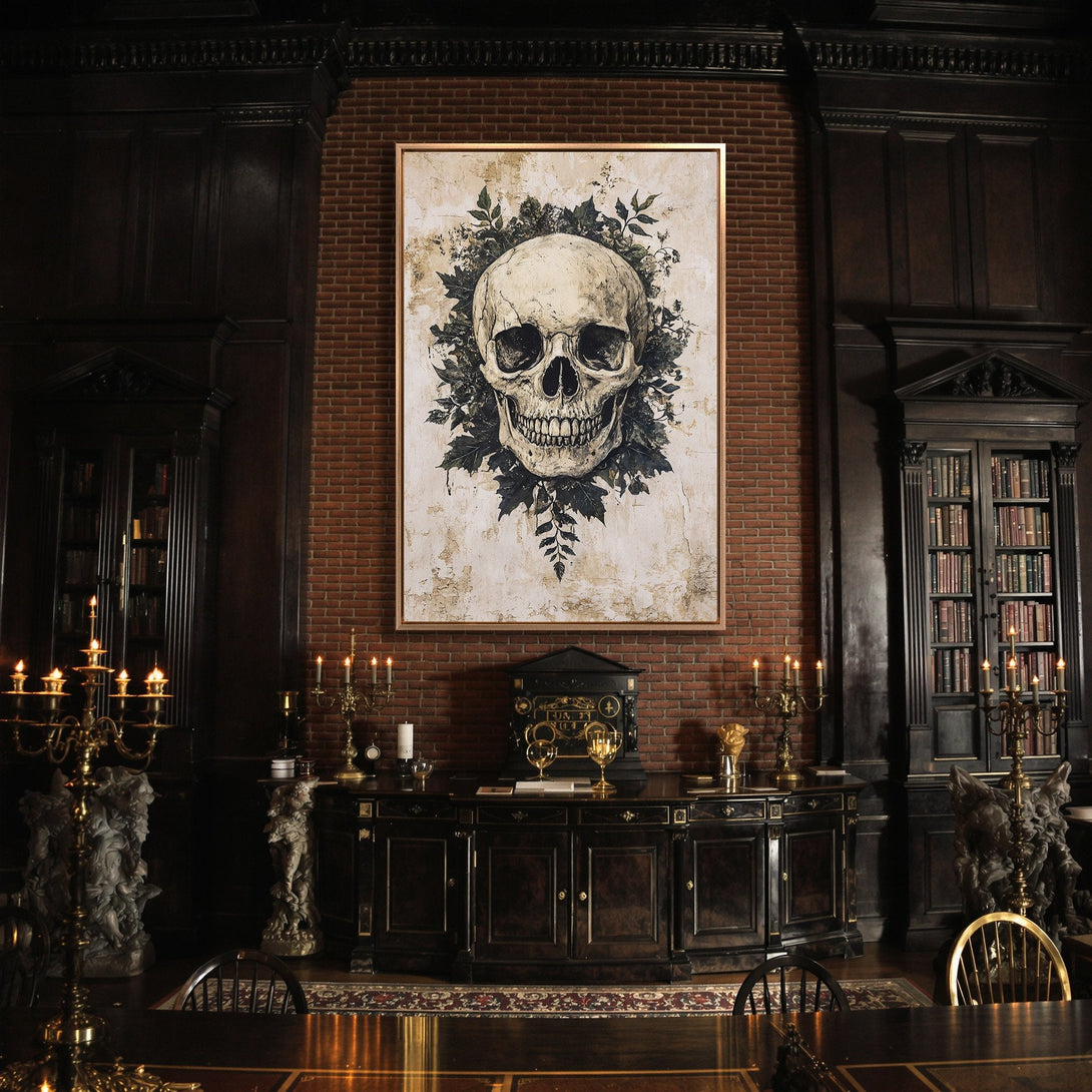 Framed Wall Art: Gothic skull print in a moody interior. Dark, dramatic color palette with a vintage, antique style. Perfect for a statement piece.