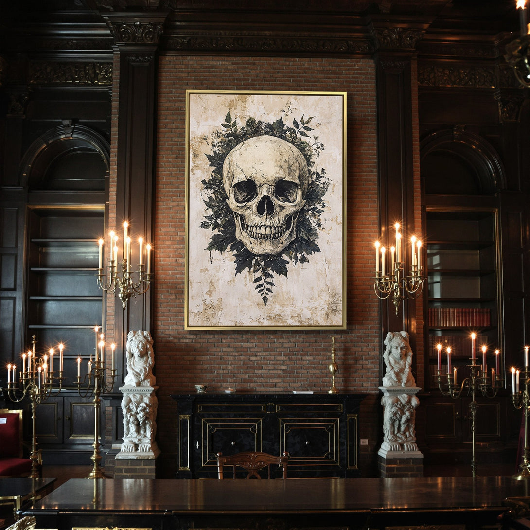 Canvas Print: Spooky skull art in neutral tones. Perfect for Halloween decor! Vintage style with a dark, moody color palette.
