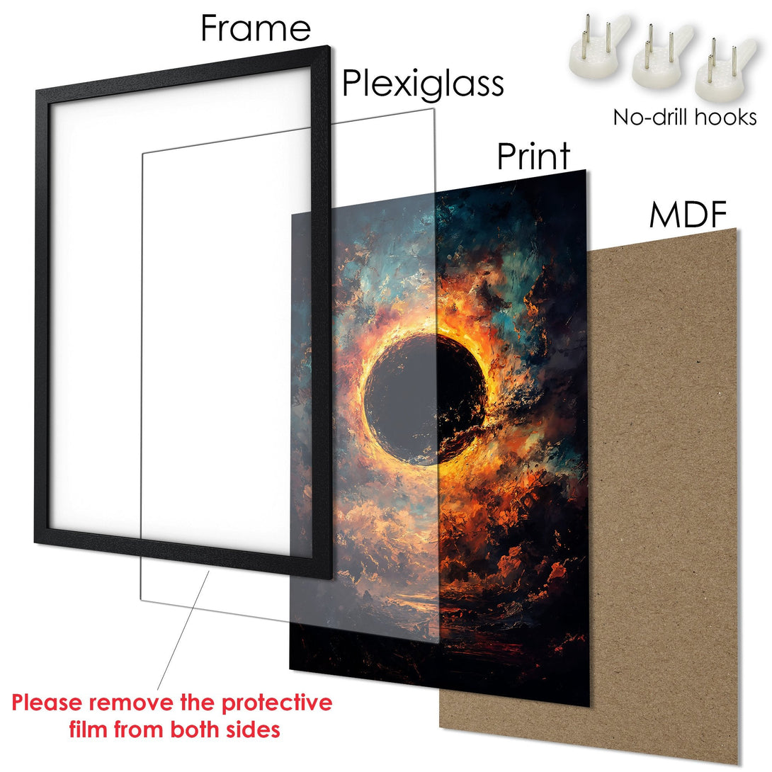 Framed Poster featuring a celestial artwork with a vibrant orange and blue color palette. Perfect art for your home!
