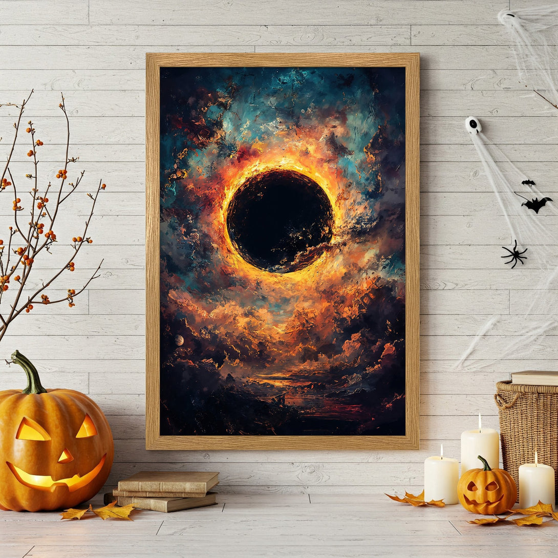 Framed Poster featuring a celestial abstract design in a fiery orange and blue color palette. Perfect Halloween decor!