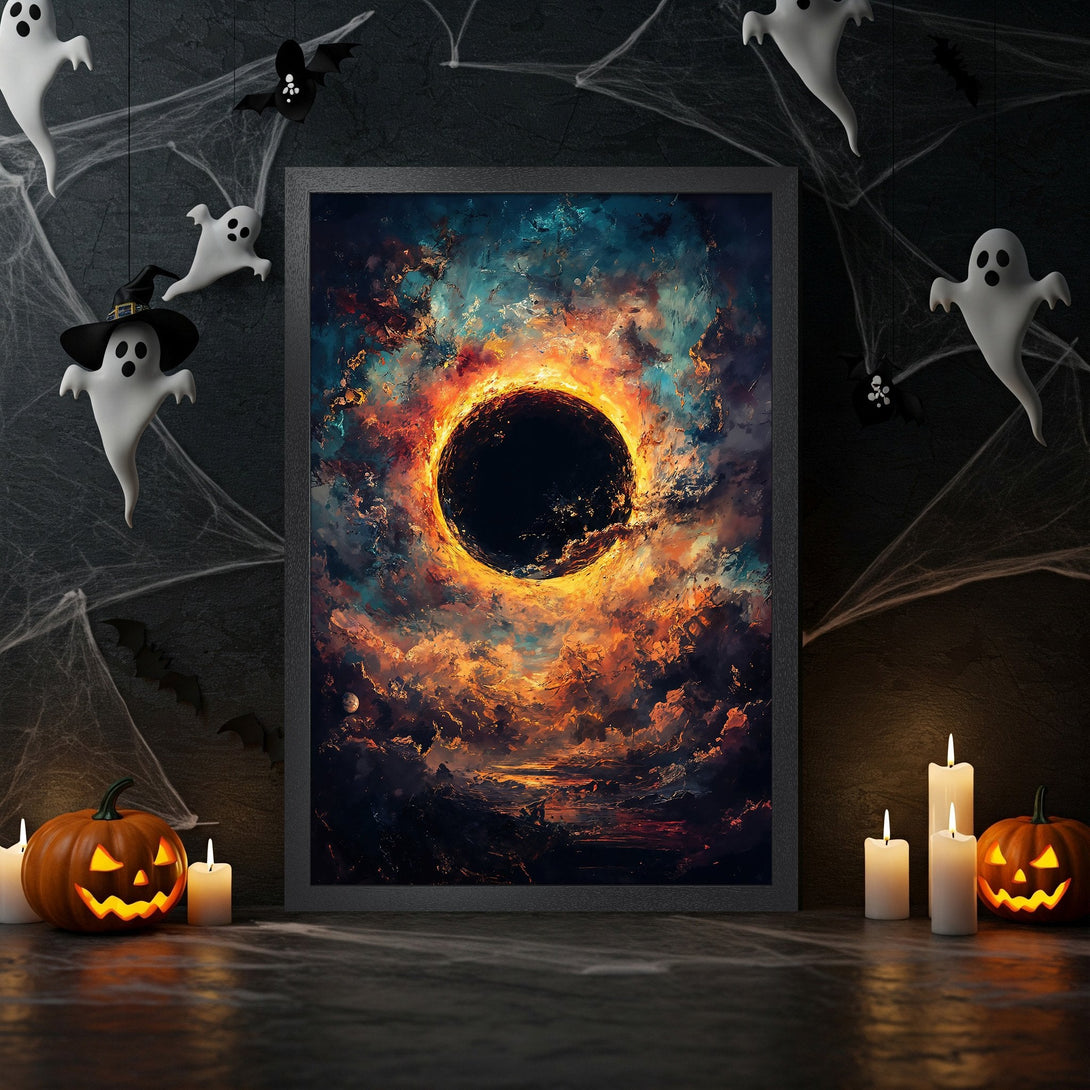 Framed Poster featuring an abstract celestial artwork with a fiery orange and blue color palette, perfect for Halloween decor.