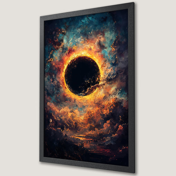 Framed Poster featuring an abstract celestial artwork in a vibrant orange, blue, and black color palette. Modern art style.