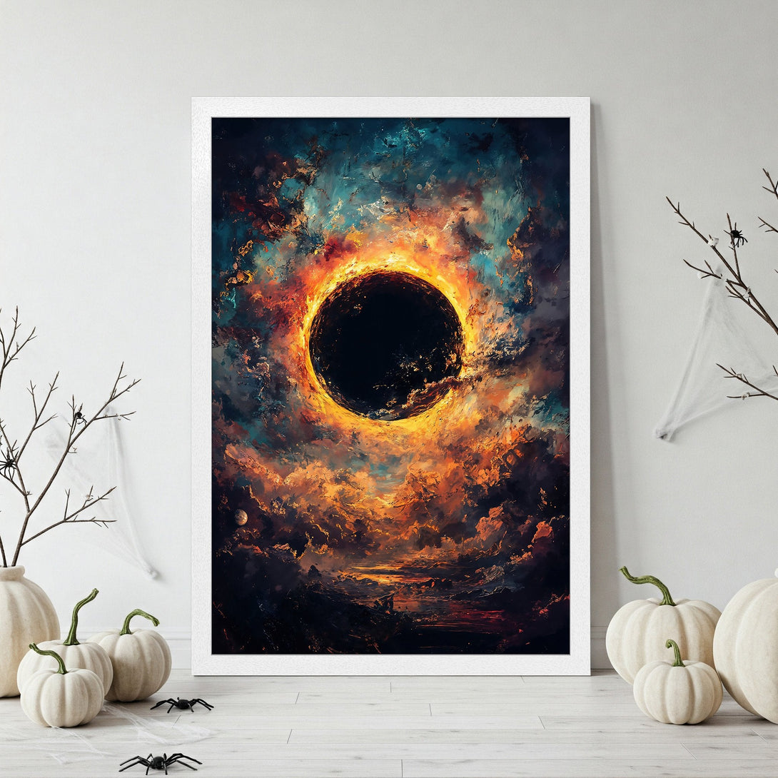 Framed Poster: Abstract celestial art in fiery orange, teal, and black. Perfect wall decor for a dramatic statement.