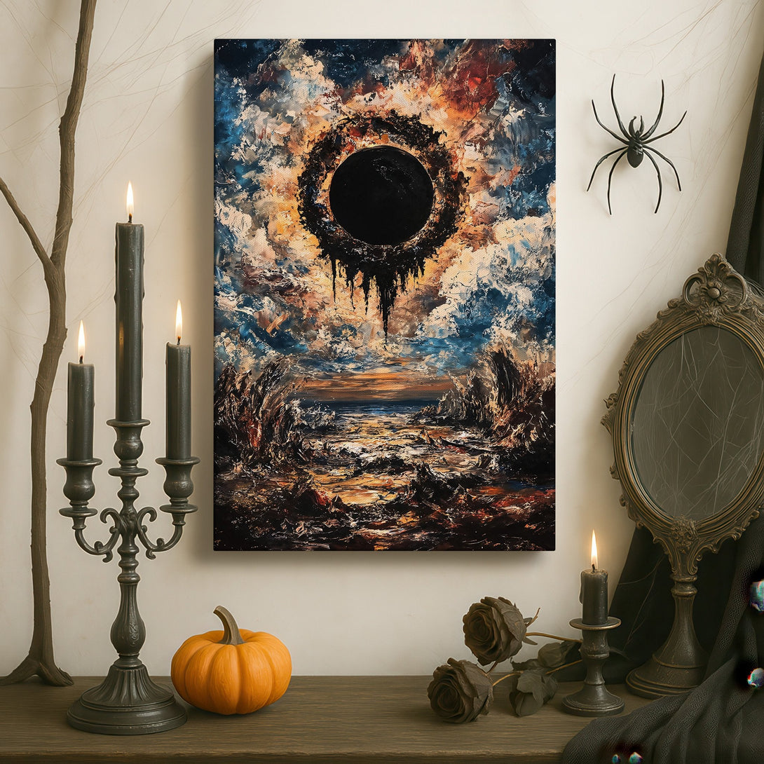 Framed Wall Art: Abstract landscape Canvas Print with a dark, dramatic color palette. Perfect for adding a touch of mystery to any room's decor.