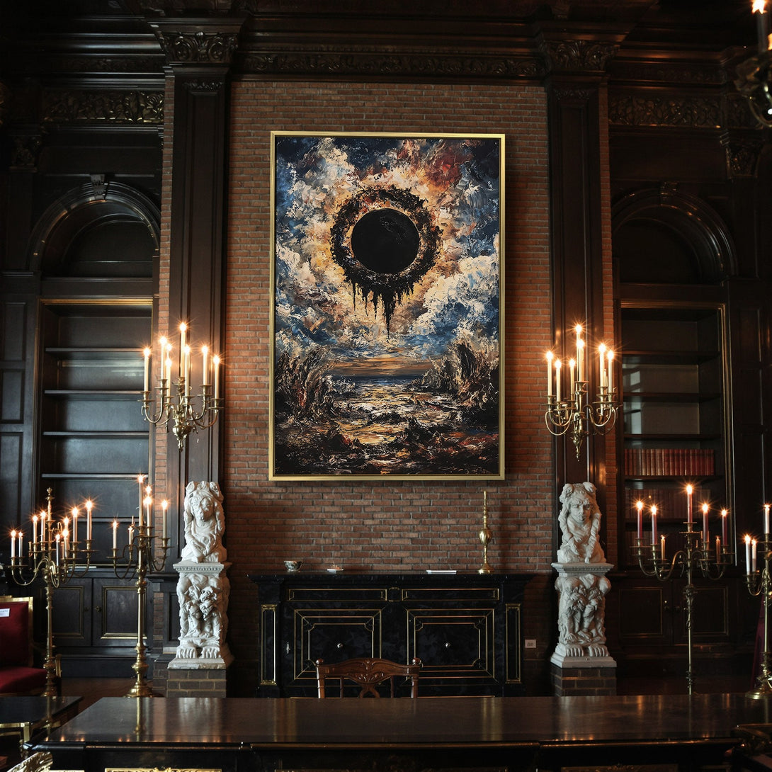 Canvas Print: Dark, dramatic abstract landscape art in moody blue, orange, and black tones. Perfect for a gothic or Halloween aesthetic.